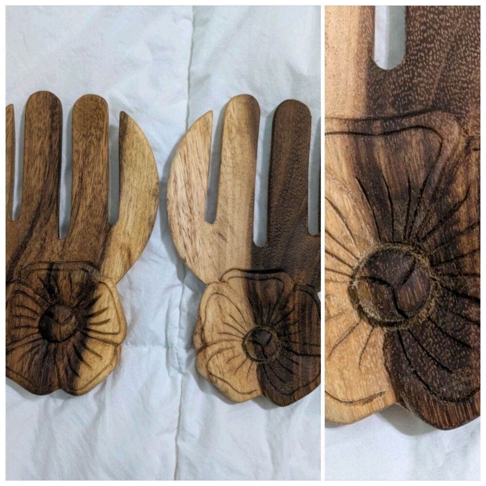 Wooden Salad Serving Hands 9" X 5" Beautifully Carved Flowers Extra Large